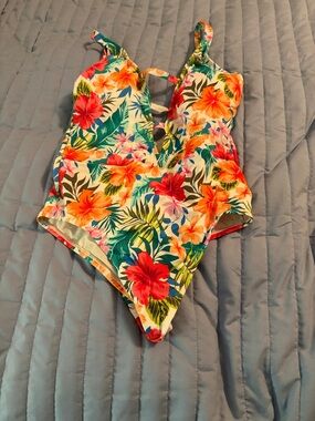 Time and Tru Floral One-Piece Swimsuit - White, Red, Orange, Green, Blue